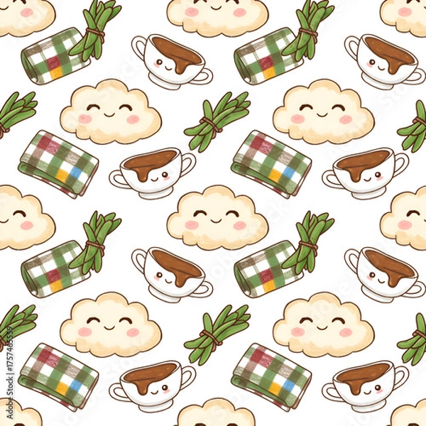 Fototapeta Cute seamless pattern with kawaii clouds hot chocolate and plaid blankets.