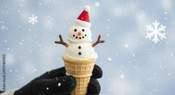 Fototapeta Gloved hand holding a cheerful ice cream snowman with a Santa hat and falling snowflakes against a soft blue background