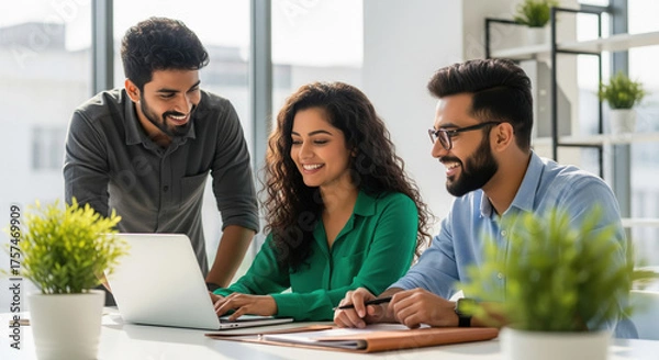 Obraz Young Diverse Business Team Collaborating on Laptop in Modern Office