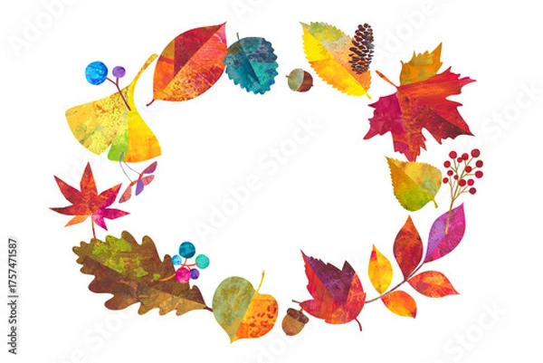 Obraz 秋の紅葉した落ち葉や木の実でデザインした円形フレーム。カラフルなペインティングテクスチャのイラスト。