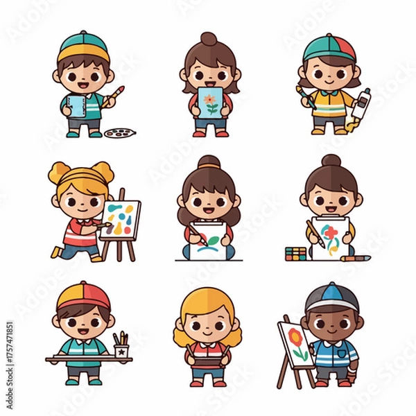 Obraz Cute cartoon characters of diverse children painting and drawing, featuring art supplies on a white background.