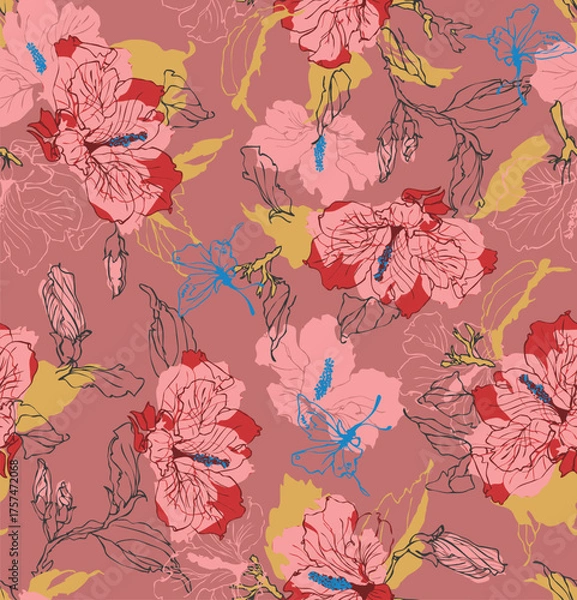 Obraz Floral Background Color Pattern Image Cute Graphics Digital Vintage Colour.Tropical seamless pattern background with exotic flowers, palm leaves, jungle leaf, hibiscus, orchid flower.