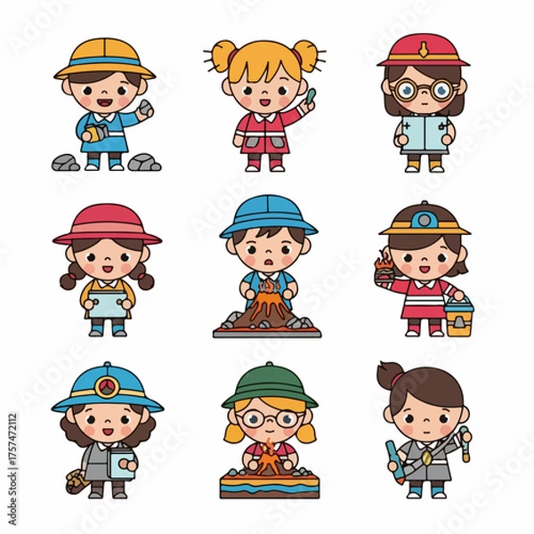 Fototapeta Adorable set of cartoon children learning about earth science, geology, and archaeology, engaging in scientific experiments and fieldwork.
