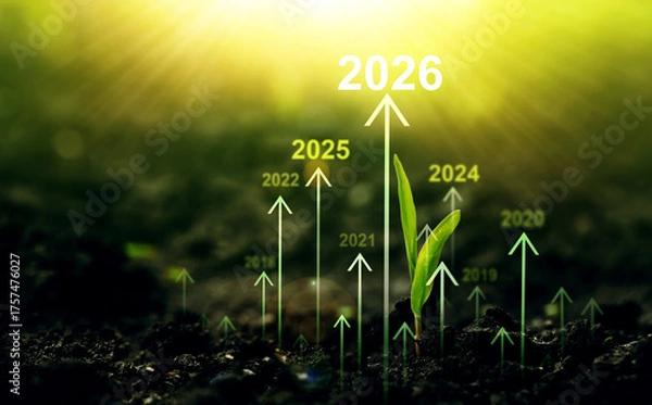 Fototapeta Seedling are growing from soil with growth comparative year 2019 to 2026. Concept of business growth, profit, agriculture, development and success graph. 