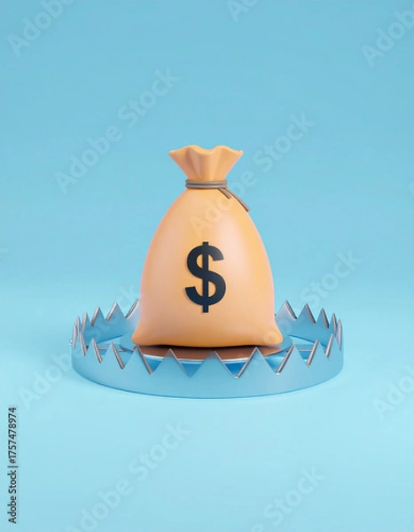 Fototapeta Money bag with dollar sign placed inside shiny metallic bear trap on blue background, symbolizing financial risk and danger in simple concept