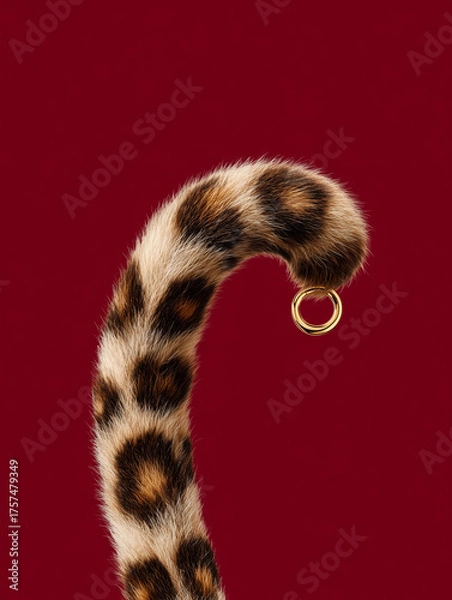 Obraz Leopard Tail with Gold Hoop on Red Background