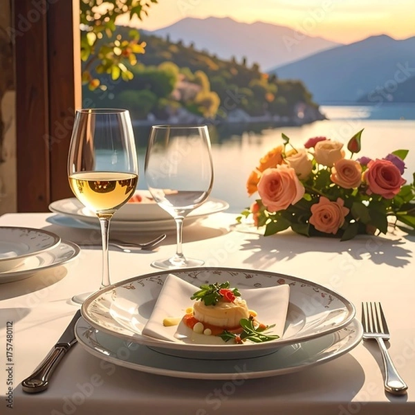 Fototapeta Elegant table setting with floral arrangement overlooking serene lake at sunset