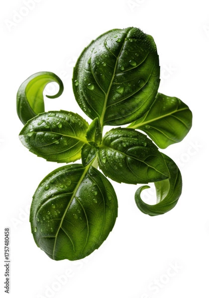 Fototapeta Vibrant emerald green basil sprig, dewy leaves, intricate venation, micro-droplets, extreme macro shot against transparent, dramatic lighting, concept of perfection nature and microcosm
