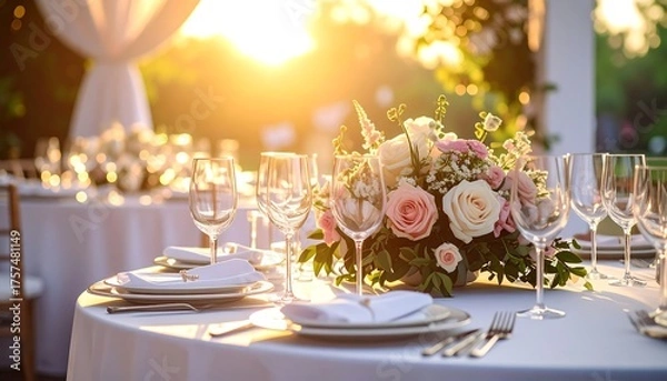 Fototapeta Elegant table setting with floral centerpiece bathed in golden sunlight