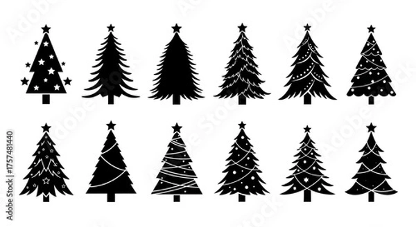 Fototapeta A collection of twelve different black Christmas tree silhouettes isolated on a white background.