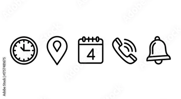 Fototapeta Set of five outline icons representing time, location, date, phone contact, and notification bell on a white background.