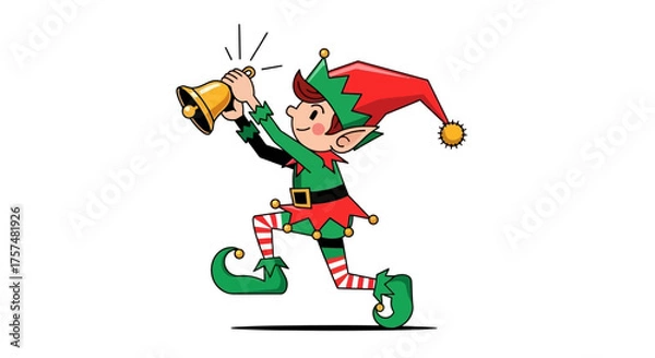 Fototapeta A cartoon elf in a green and red outfit is ringing a golden bell while running.
