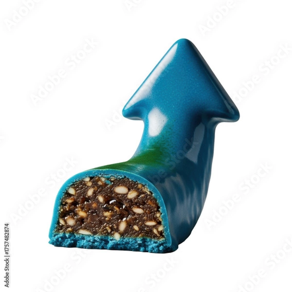 Fototapeta Gourmet blue spirulina energy bar, arrow shape, deep azure, glossy glaze. Cross-section with chewy interior, nutrient flecks, glistening moisture, crumbs on transparent. Concept for healthy food