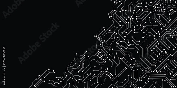 Fototapeta Grey circuit connection on black background. High-tech circuit board connection system. futuristic digital innovation background.