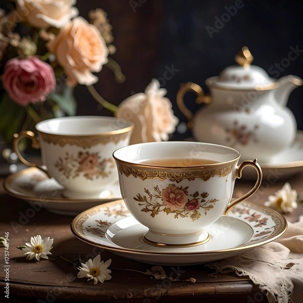 Fototapeta Elegant teacups with floral design and a teapot