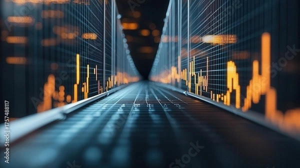 Fototapeta Suspended bridge over financial graphs leading to a vault, market navigation