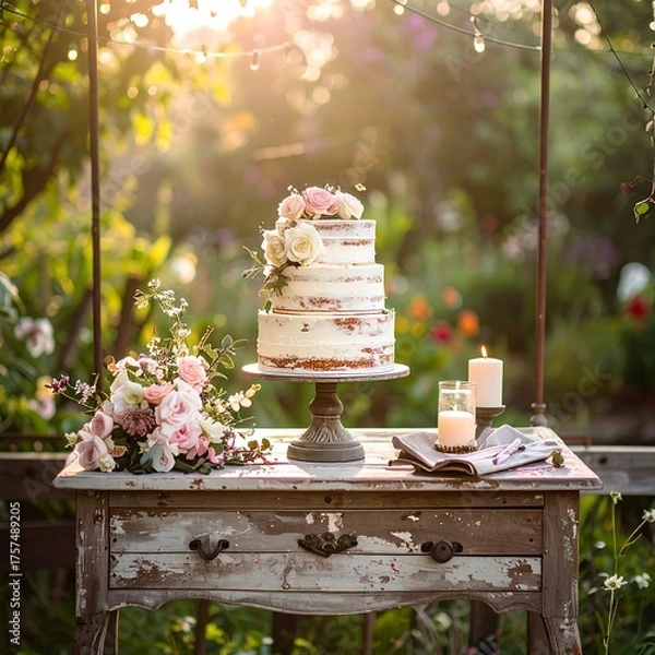 Fototapeta Elegant tiered cake, flowers, candles on rustic table in sunny garden