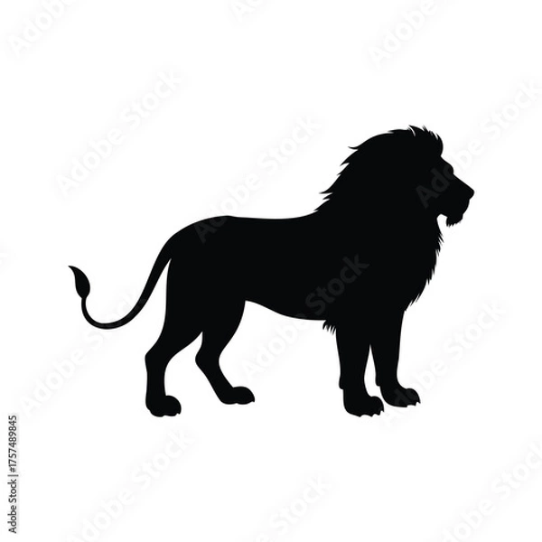 Obraz Silhouette of a majestic lion standing proud against a bright white background, lion facing forward silhouette vector illustration
