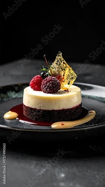 Fototapeta Elegant two-layered dessert on a dark plate, garnished with berries and sugar