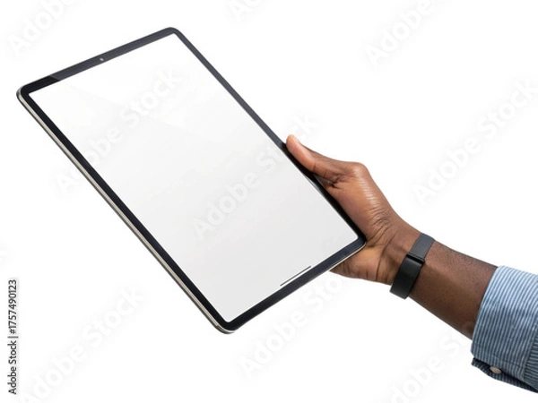 Fototapeta Realistic hand holding black tablet with blank white screen isolated on transparent background, digital device mockup for app or website UI UX design presentation, modern tablet display template 
