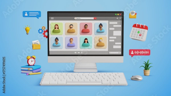 Fototapeta Business people, video conference, online meeting, online presentation or discussion, digital meeting. Virtual group communication and global webinar call on 3D computer