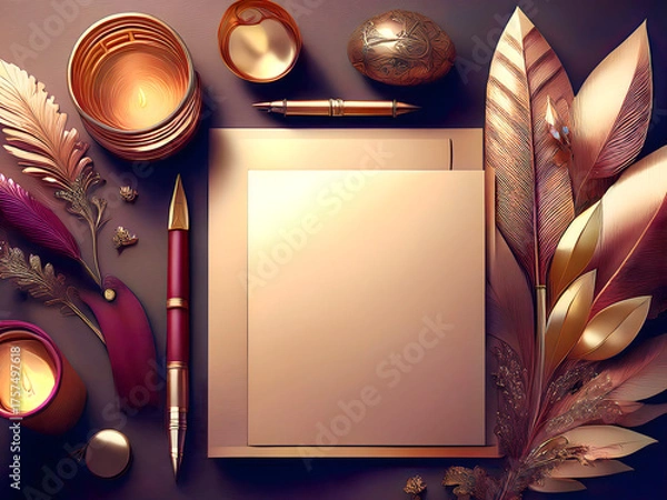 Obraz Luxurious Gold Stationery Flat Lay with Candles and Plum Accents