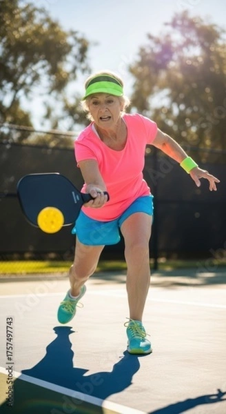 Fototapeta A dedicated player lunges to hit the ball during a lively pickleball match at an outdoor court. Bright sun and clear skies create an energetic atmosphere for this fun sport