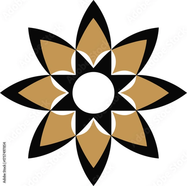 Fototapeta Abstract eight-petal flower symmetrical design with gold and black geometric shapes forming petals around a central white circle creating a starburst effect