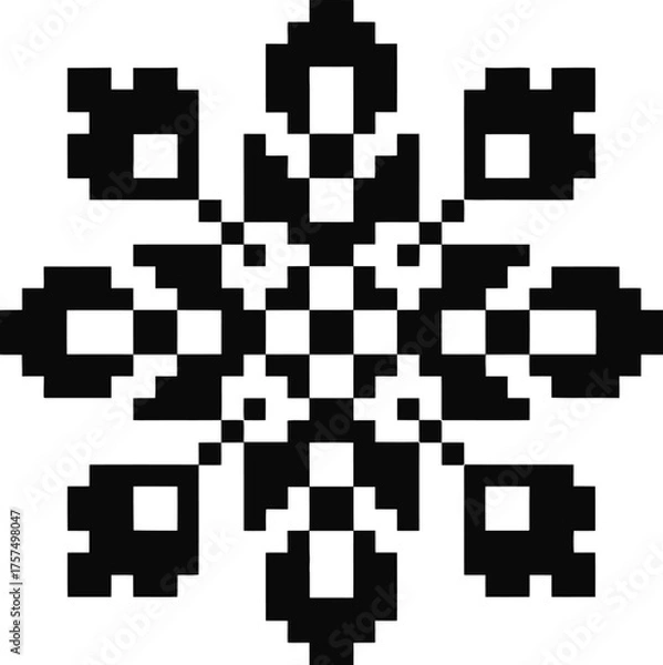Fototapeta Retro pixel art snowflake design geometric abstract pattern black and white decorative element
