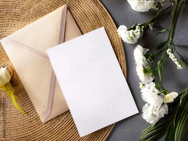 Fototapeta Romantic Open Card Mockup with Wedding Ring, Roses, and Petals