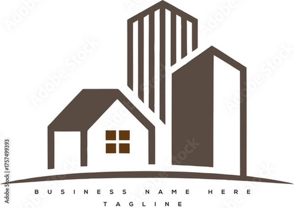 Fototapeta Modern architectural buildings and a house representing real estate development and property services