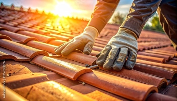 Obraz Roofing Repair A Worker Fixing Tiles with Care. Professional roofer's gloved hands working on a traditional terracotta tile roof. Construction and Home Improvement Concept