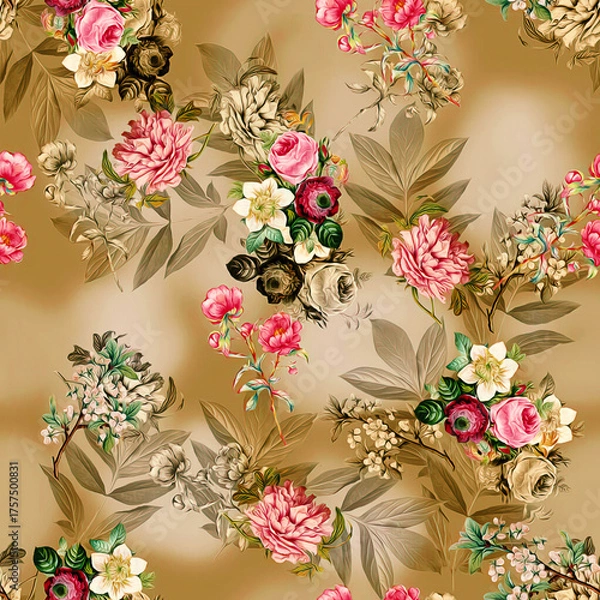 Obraz Floral Background Color Pattern Image Cute Graphics Digital Vintage Colour.Tropical seamless pattern background with exotic flowers, palm leaves, jungle leaf, hibiscus, orchid flower