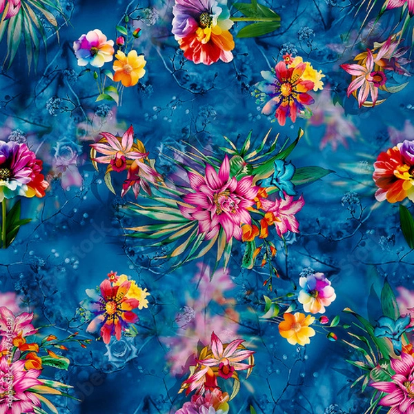 Fototapeta Floral Background Color Pattern Image Cute Graphics Digital Vintage Colour.Tropical seamless pattern background with exotic flowers, palm leaves, jungle leaf, hibiscus, orchid flower