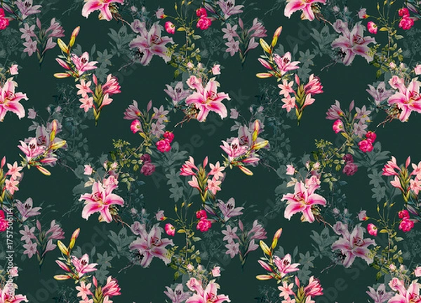 Obraz Floral Background Color Pattern Image Cute Graphics Digital Vintage Colour.Tropical seamless pattern background with exotic flowers, palm leaves, jungle leaf, hibiscus, orchid flower