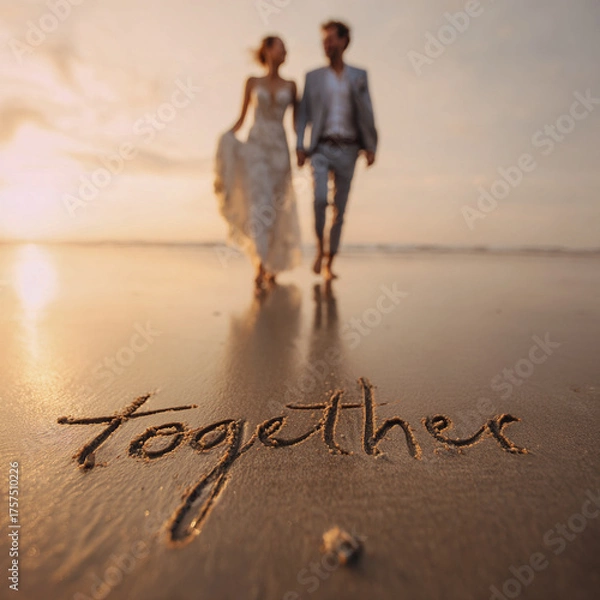 Fototapeta Close-Up of Joyful Wedding Couple Laughing in Warm Sunset Light on Wet Sand – ideal for posters