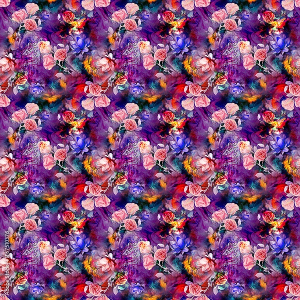 Obraz Floral Background Color Pattern Image Cute Graphics Digital Vintage Colour.Tropical seamless pattern background with exotic flowers, palm leaves, jungle leaf, hibiscus, orchid flower