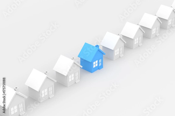 Fototapeta Blue and white house, on white background. 3D Rendering.