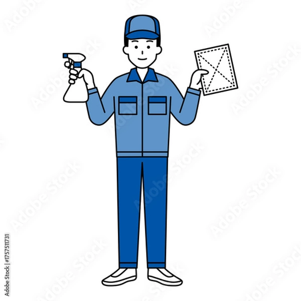 Obraz スプレー洗剤と雑巾を持つ清掃業者の男性（全身）