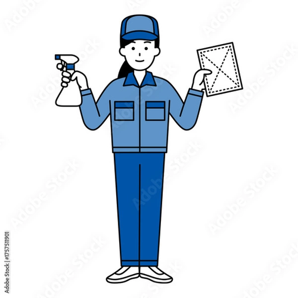 Obraz スプレー洗剤と雑巾を持つ清掃業者の女性（全身）