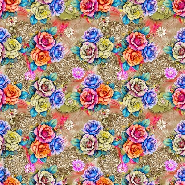 Obraz Floral Background Color Pattern Image Cute Graphics Digital Vintage Colour.Tropical seamless pattern background with exotic flowers, palm leaves, jungle leaf, hibiscus, orchid flower