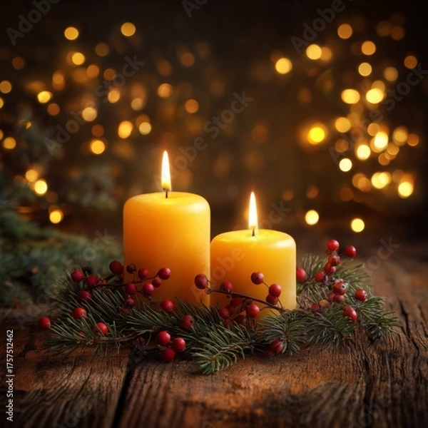 Fototapeta Warm and Inviting Christmas Decor Featuring Glowing Candles Surrounded by Holiday Foliage and Red Berries Against a Soft Bokeh Background