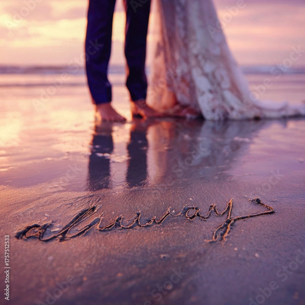 Fototapeta Close-Up Wedding Couple Barefoot on Wet Beach Sand at Sunset with Soft Glow – perfect for wedding keepsakes