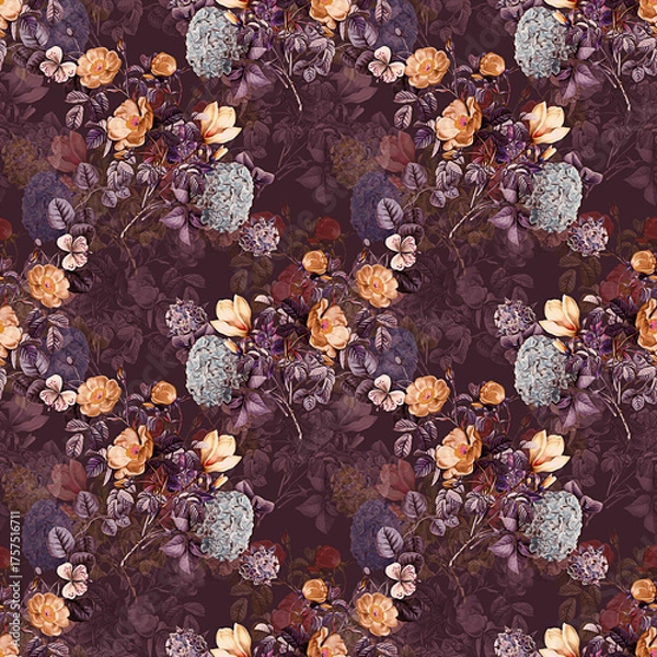 Obraz Floral Background Color Pattern Image Cute Graphics Digital Vintage Colour.Tropical seamless pattern background with exotic flowers, palm leaves, jungle leaf, hibiscus, orchid flower