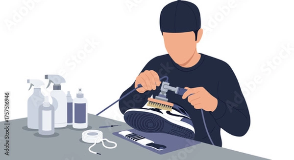 Fototapeta Skilled Craftsman Restores Beloved Footwear with Precision Tools and Cleaning Solutions