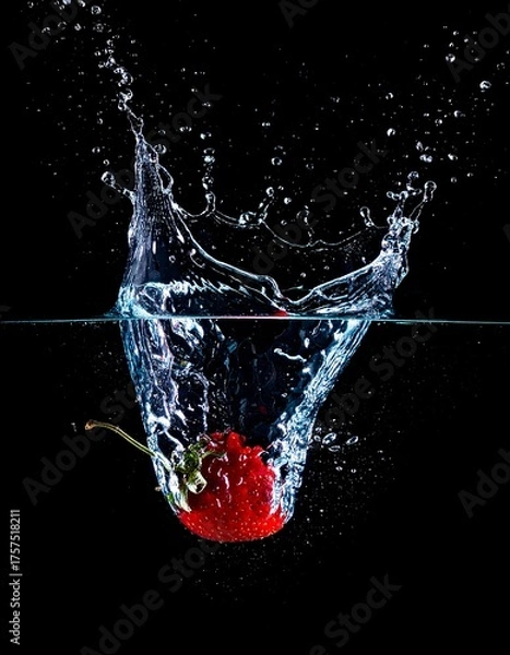 Fototapeta Bright red berry submerging in clear water, creating a splash