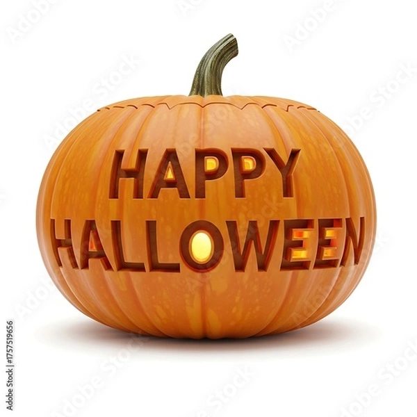 Fototapeta Carved pumpkin with happy halloween text isolated on white background