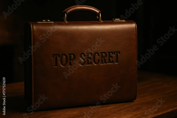 Fototapeta Brown leather briefcase with embossed Top Secret label placed on wooden table, evoking confidential intelligence and mystery in cinematic spy aesthetic