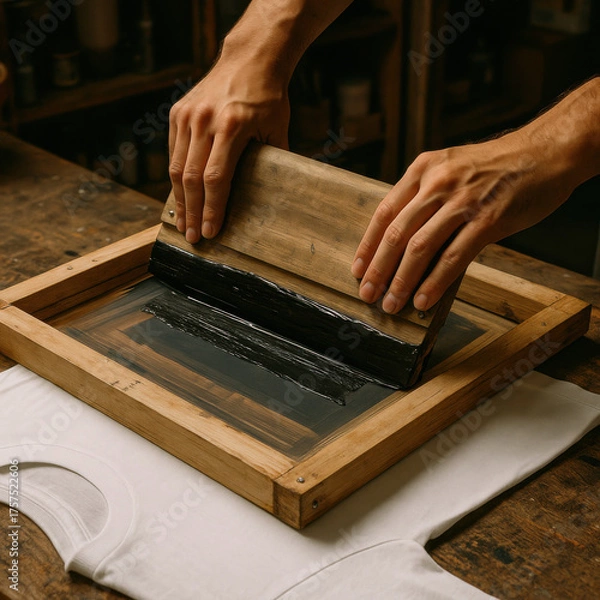Fototapeta Screen printing process with black ink on wooden frame and white fabric, hands carefully spreading ink creating artistic design in cozy workshop environment