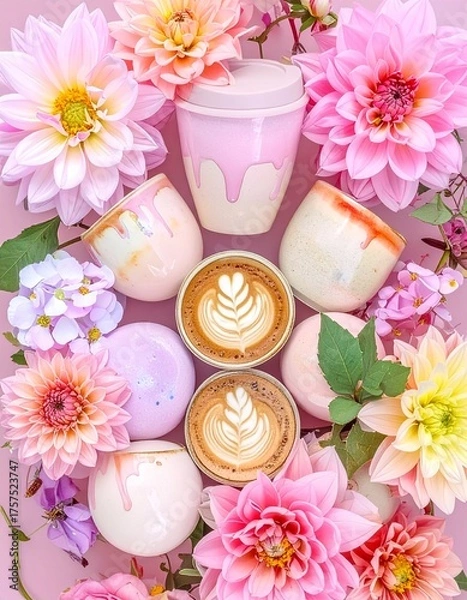 Fototapeta A collection of coffee cups and lattes arranged amidst a vibrant display of pink and purple flowers. The composition showcases the drinks and blooms in a visually appealing and artistic manner.